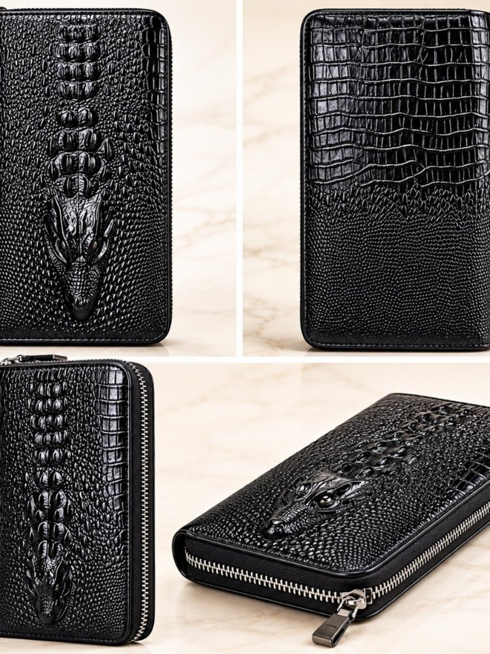Alligator Crocodile Zip Around Wallet Clutch Wristlet Black Vegan Leather - Picture 6 of 8